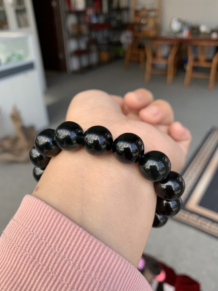 凝墨家天然缅甸翡翠冰种墨翠正圆珠子手串13mm