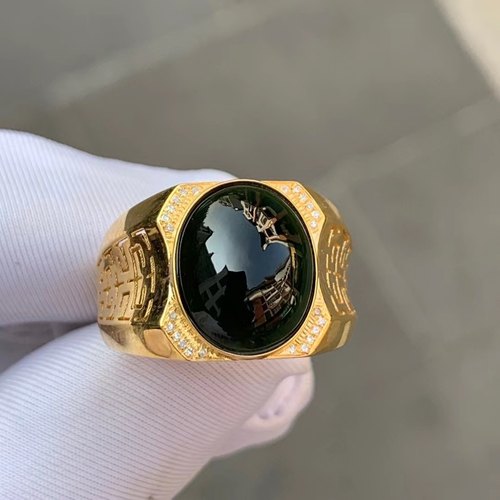 凝墨为翠家天然缅甸翡翠A货18k黄冰种墨翠蛋面男士戒指定制款