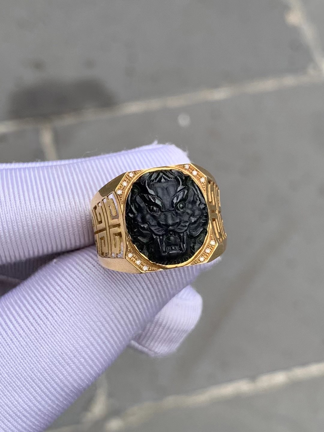 凝墨家天然缅甸翡翠18k黄金冰种墨翠龙头男士戒指20圈口上下可调