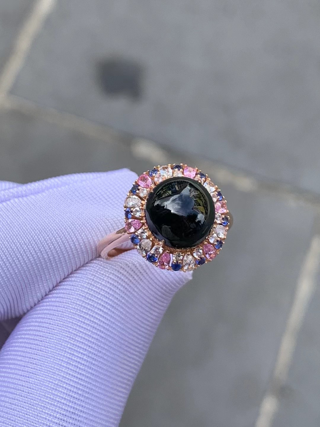 凝墨家天然缅甸翡翠18k玫瑰金镶冰种墨翠椭圆蛋面女士戒指