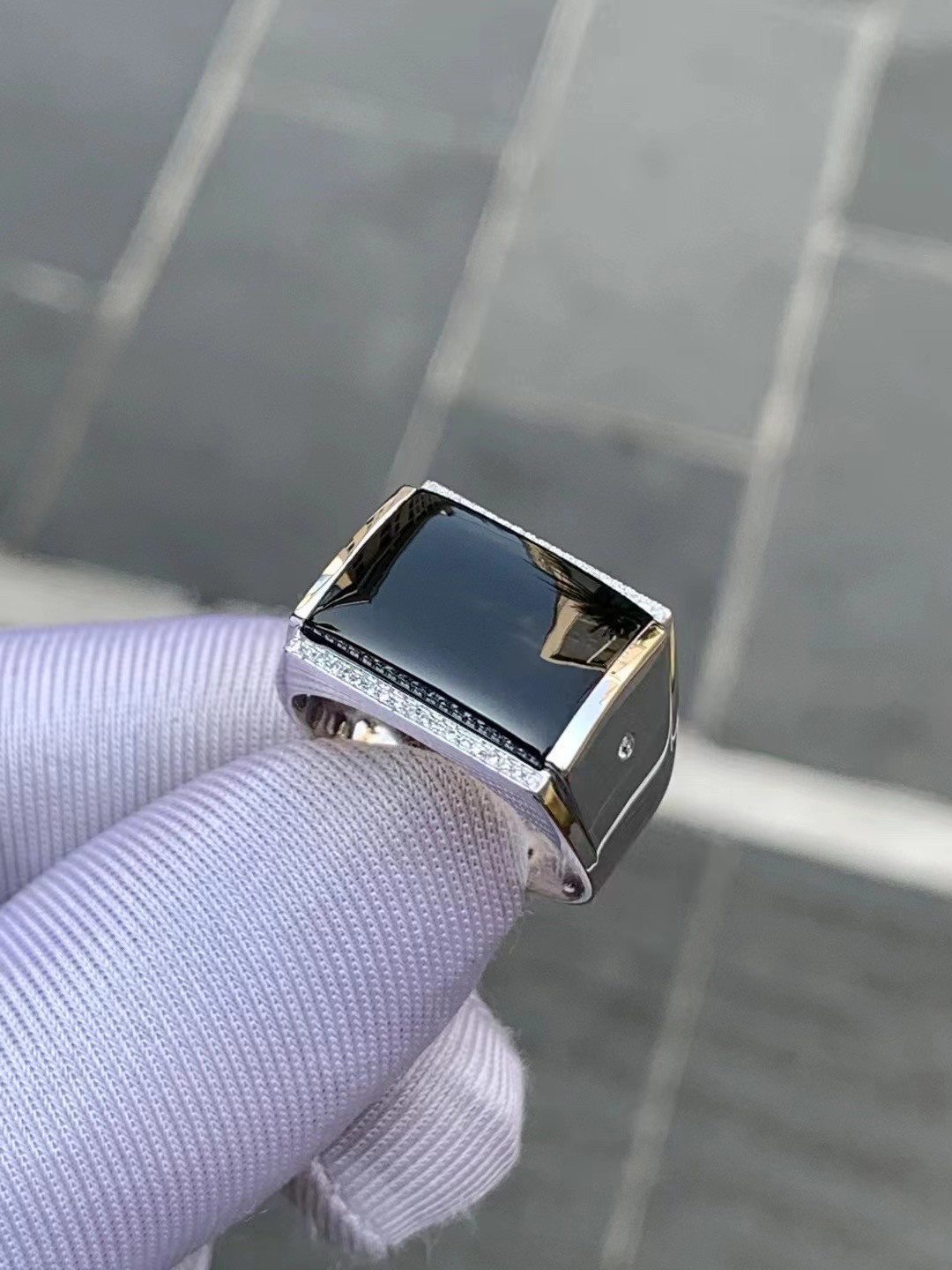 凝墨家天然缅甸翡翠18k白金加南非钻镶冰种墨翠男士马鞍戒指22圈