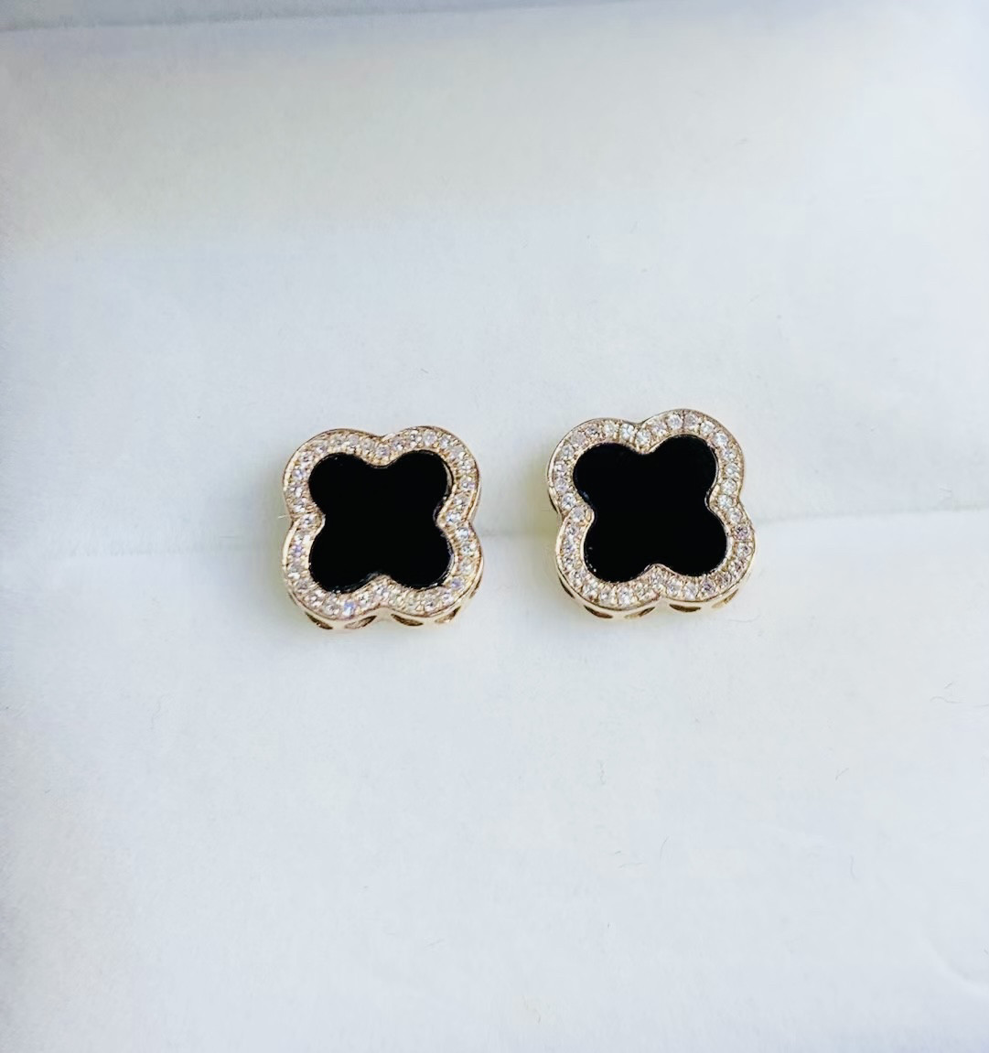 天然缅甸翡翠冰种墨翠四叶草耳钉18k玫瑰金镶嵌简约时尚款女士