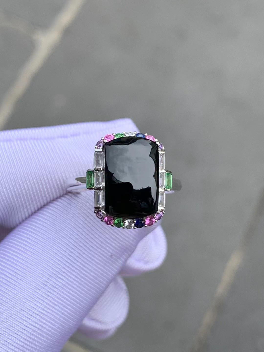 凝墨家天然缅甸翡翠18k白金加彩宝石镶嵌冰种墨翠马鞍女士戒指