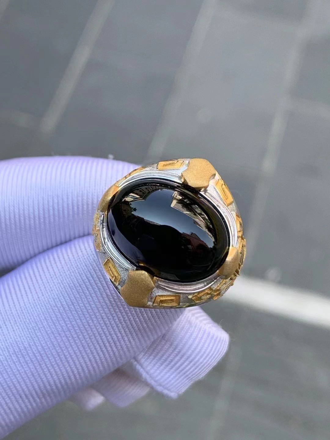 凝墨家天然缅甸翡翠18k金镶冰种墨翠男士蛋面戒指定制款圈口可选
