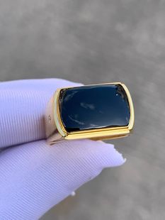 天然缅甸翡翠冰种墨翠马鞍戒指18k黄金镶嵌男士戒指