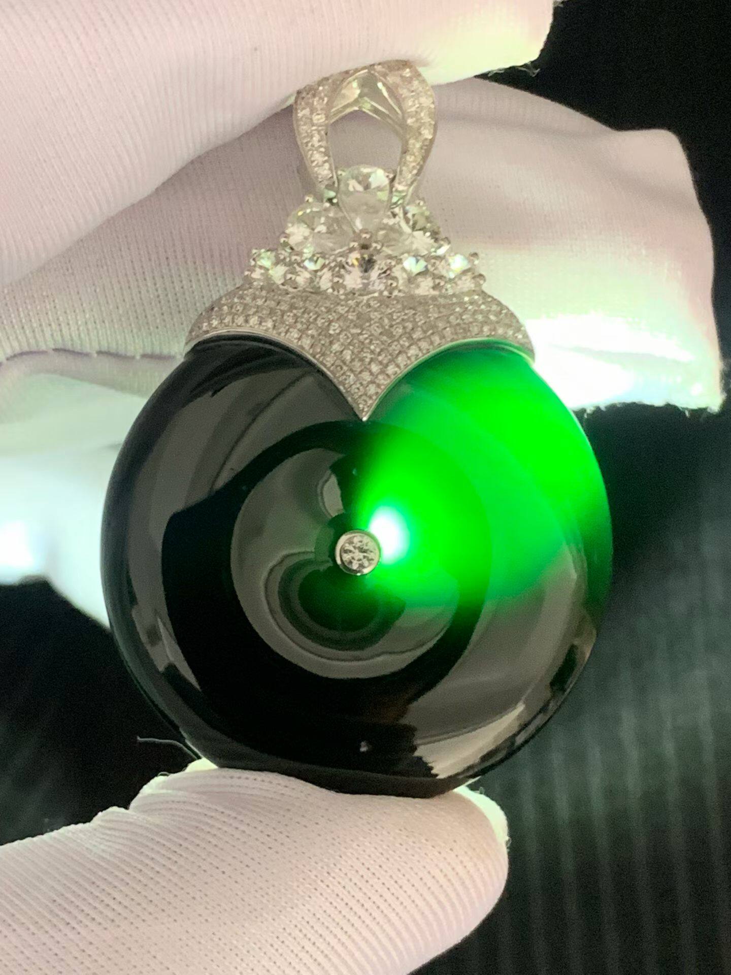 天然缅甸a货冰种墨翠双面鼓平安扣吊坠18k金镶嵌女士吊坠