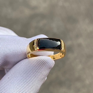 凝墨家天然缅甸翡翠18k黄金镶嵌冰种墨翠男士戒指定制款圈口可选
