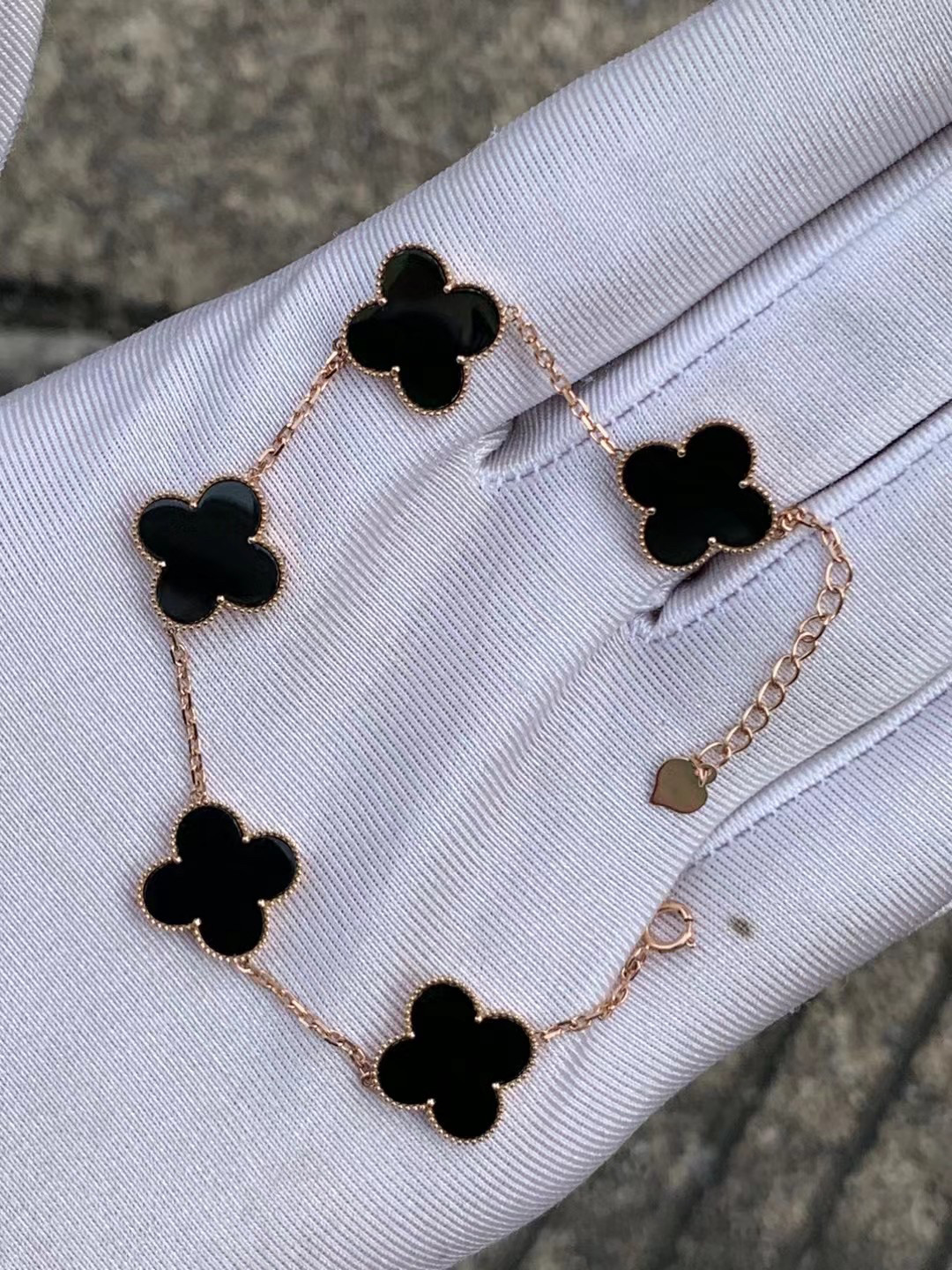 凝墨家天然缅甸翡翠18k玫瑰金镶嵌冰种墨翠四叶草女士手链