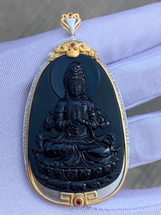 凝墨为翠家天然翡翠18k黄白金镶嵌墨翠观音吊坠男女通用款 满钻镶