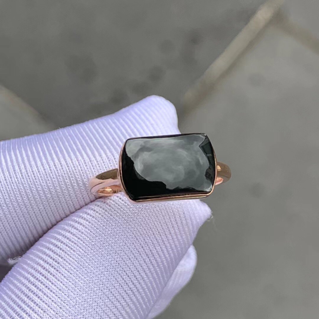 凝墨家天然缅甸翡翠18k玫瑰金简约设计冰种墨翠马鞍女士戒指