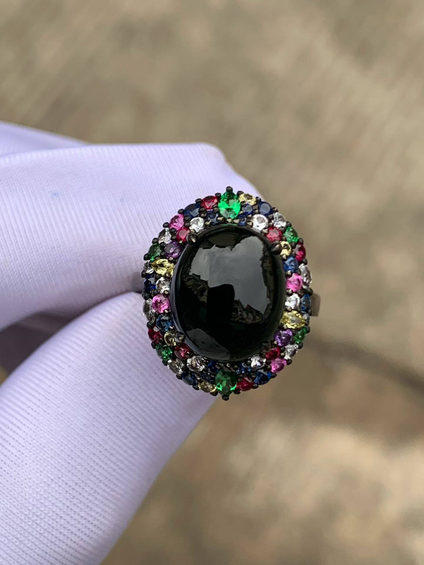 天然缅甸翡翠冰种墨翠蛋面戒指18k乌金镶嵌女士戒指大气优雅