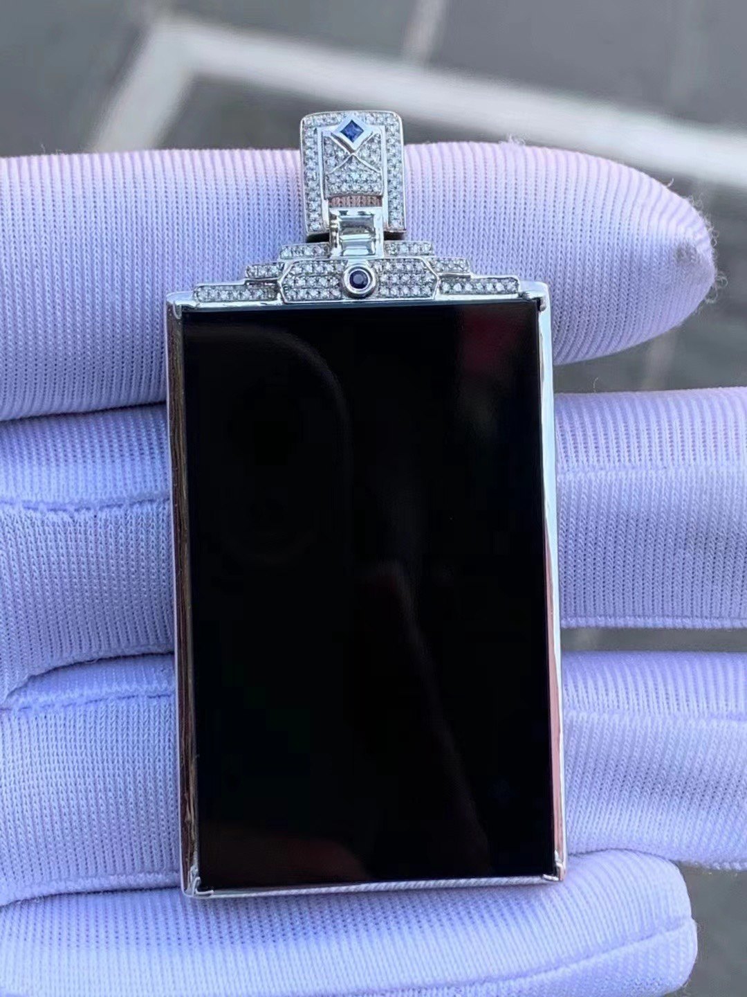 凝墨家天然缅甸翡翠18k白金镶嵌冰种墨翠长方形无事牌吊坠挂件