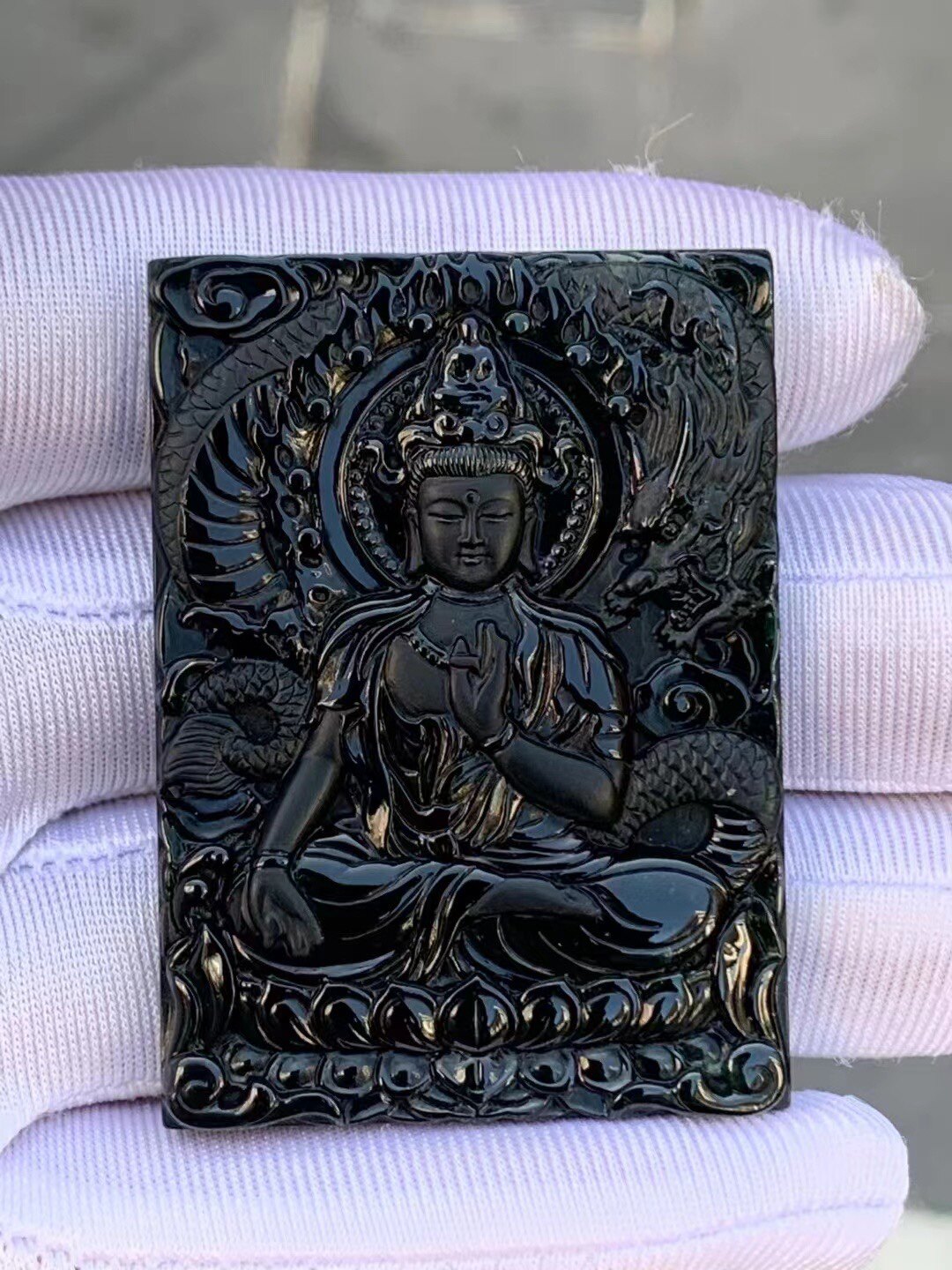 凝墨家天然缅甸翡翠冰种墨翠御龙观音牌子挂件裸石未镶嵌