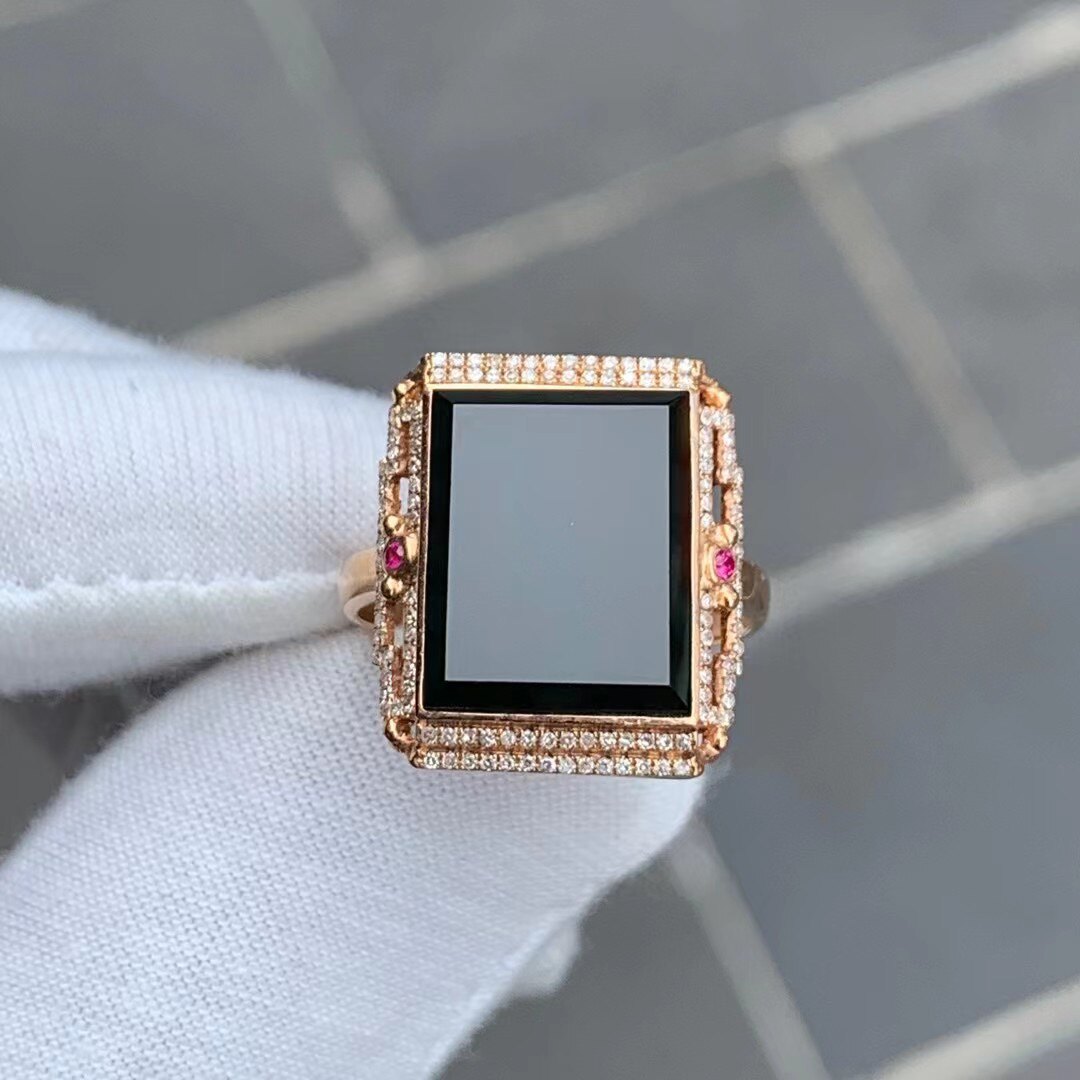 凝墨家天然缅甸翡翠18k玫瑰金镶嵌冰种墨翠方戒面女士戒指