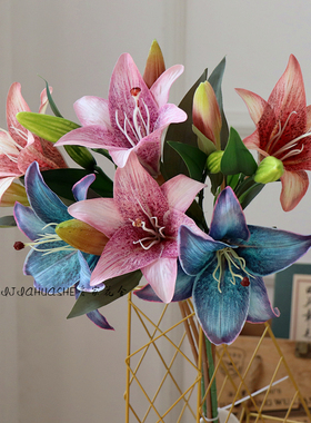 仿真百合花束复古油画欧式客厅摆设装饰背景假花秋款梵高色系插花
