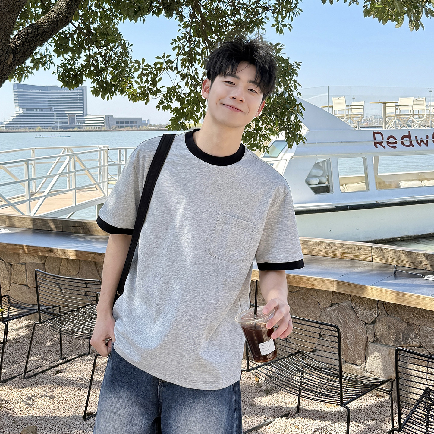 【拼色设计】220g撞色圆领口袋短袖T恤夏季宽松休闲打底套头上衣