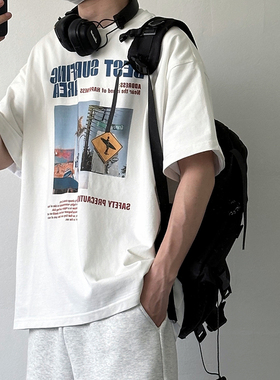 270g白色照片印花短袖T恤圆领男2025夏季日系简约基础情侣上衣