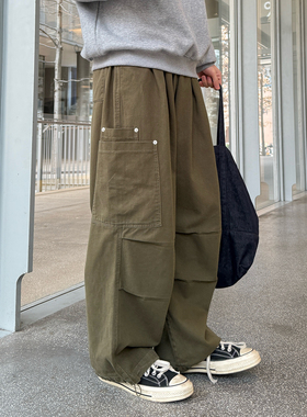 军绿色纯棉直筒工装裤男春季新款美式宽松伞兵裤男款百搭休闲长裤