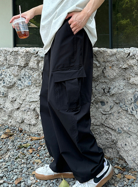 暗物质黑色抽绳休闲工装裤男生秋季2025新款长裤子纯色宽松简约