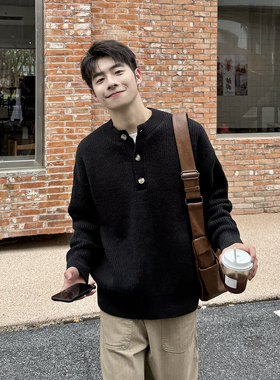 黑色亨利领半开衫毛衣男生2025新款秋季宽松百搭慵懒风针织上衣