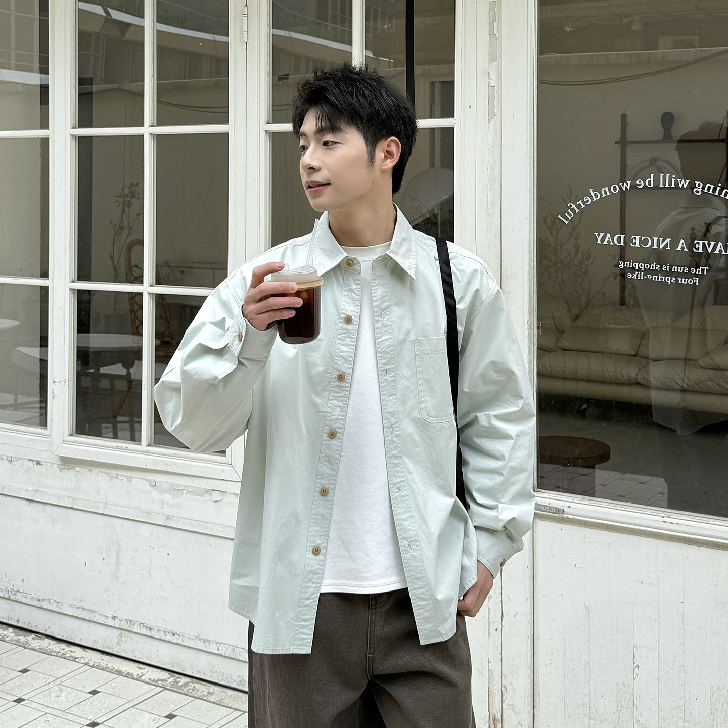 暗物质翻领纯棉工装风长袖衬衫男生宽松日系少年感衬衣薄外套男款