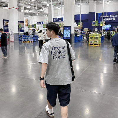 250g索罗娜灰色背后印花圆领短袖T恤男夏季2026新款宽松休闲上衣