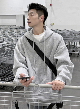 360g灰色连帽卫衣男宽松春秋季新款重磅套头长袖简约休闲上衣外套