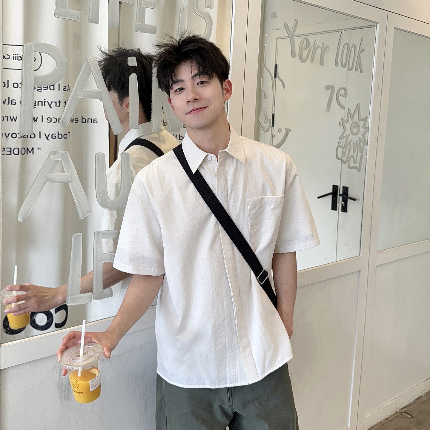 【轻薄透气】莫代尔翻领短袖衬衫男生夏季宽松柔软休闲衬衣薄外套