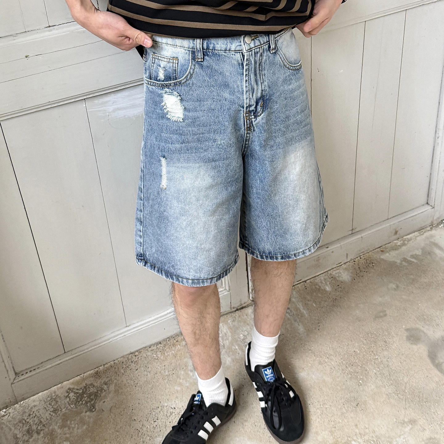 复古做旧蓝色五分牛仔短裤2026夏季新款男生宽松直筒美式破洞中裤