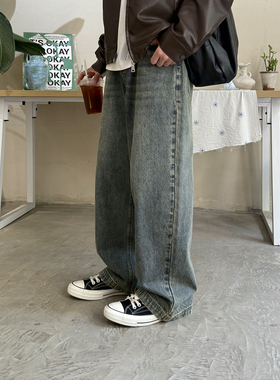蓝色宽松水洗复古直筒牛仔裤男生2025新款秋季休闲做旧拖地长裤子