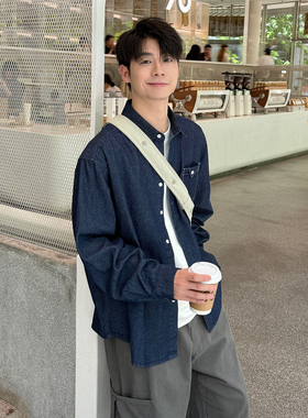 蓝色日系牛仔衬衫长袖男生秋季2025新款宽松外套上衣休闲男款衬衣