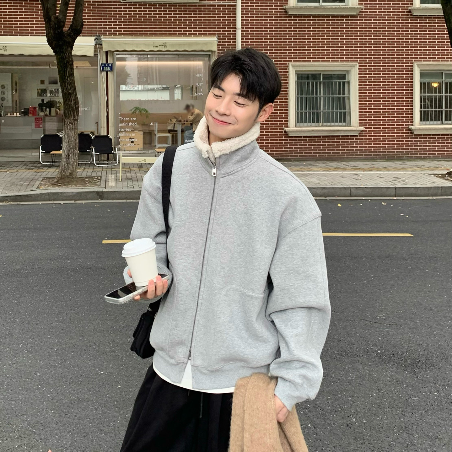 550g重磅加绒卫衣男秋冬季羊羔绒开衫立领拉链上衣保暖2025新款