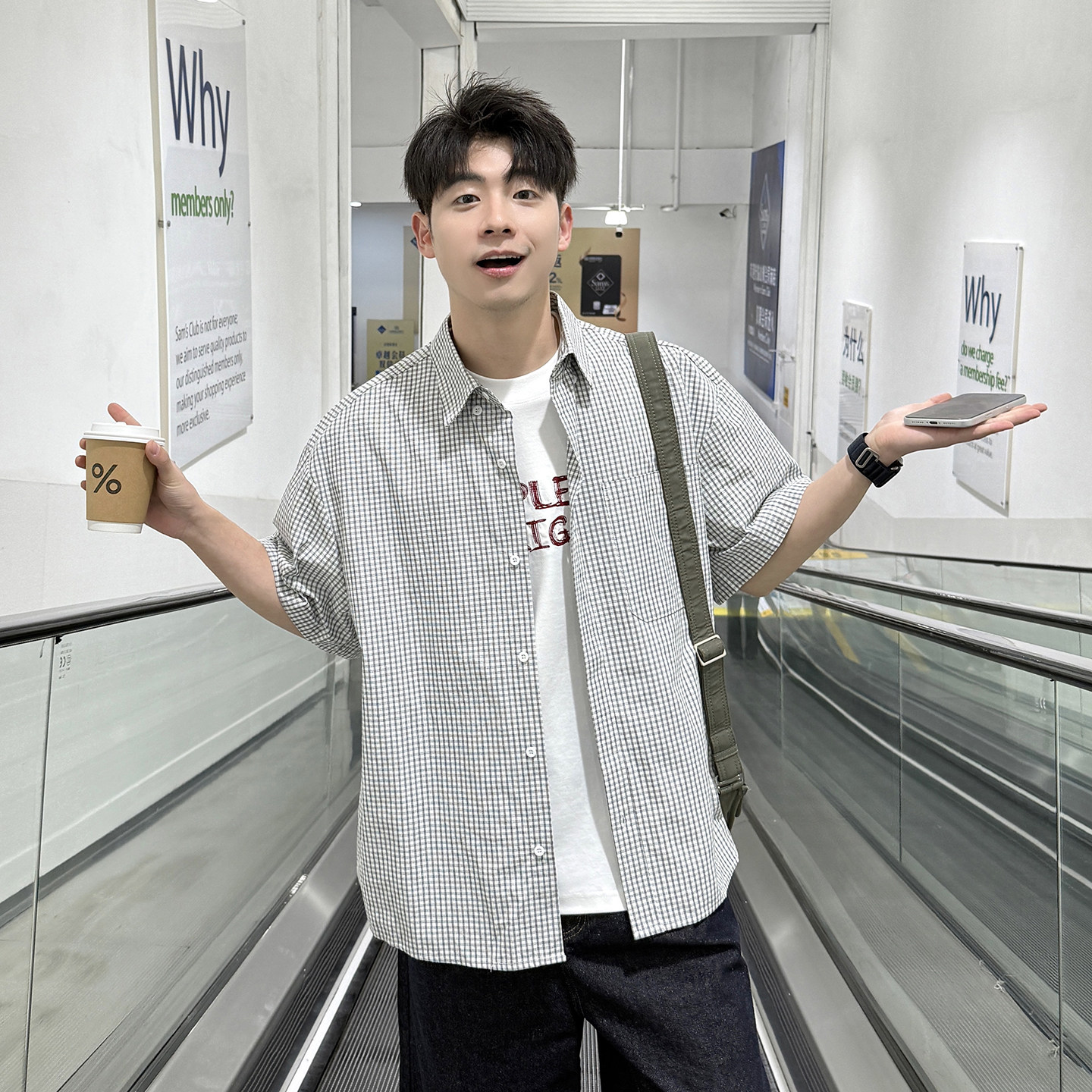 纯棉黑白色格纹翻领短袖衬衫男生日系工装风衬衣宽松休闲薄外套