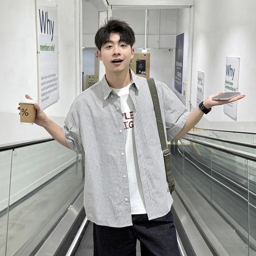 纯棉黑白色格纹翻领短袖衬衫男生日系工装风衬衣宽松休闲薄外套