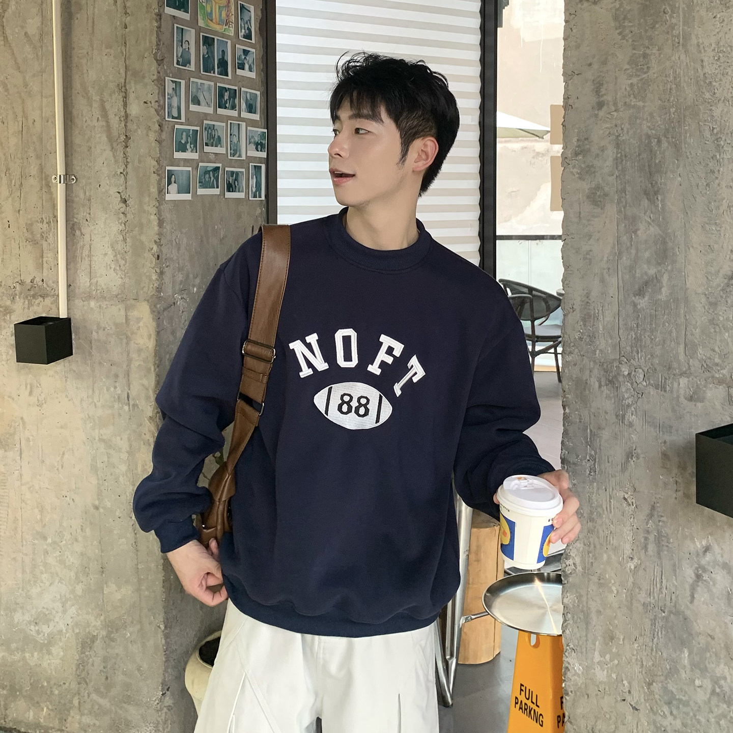 380g重磅藏青色圆领印花套头卫衣男生2025新款秋季宽松百搭上衣