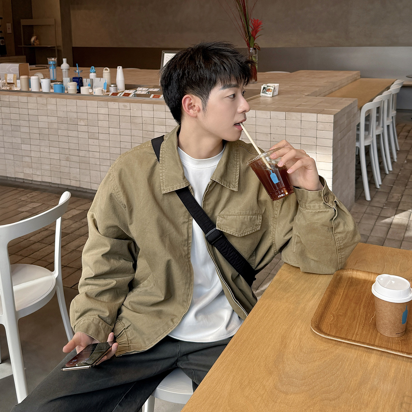 【巴恩风】卡其色水洗翻领夹克男生春秋季短款日系复古工装外套男