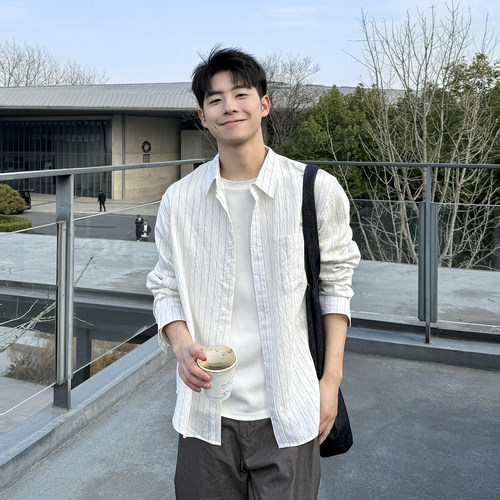 【亲肤软和】亚麻条纹复古长袖衬衫男款秋季宽松翻领休闲衬衣外套