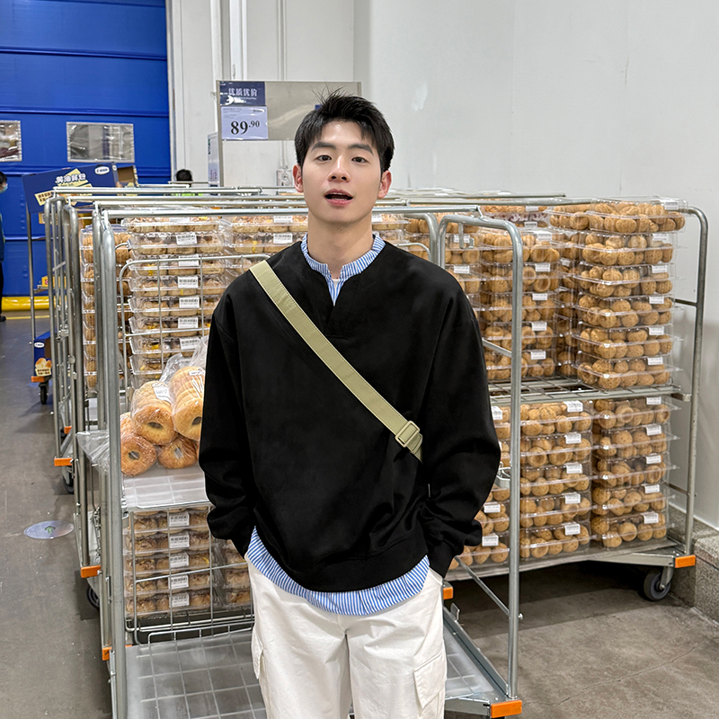 黑色假两件长袖卫衣2025新款春秋季宽松套头上衣休闲衬衫简约