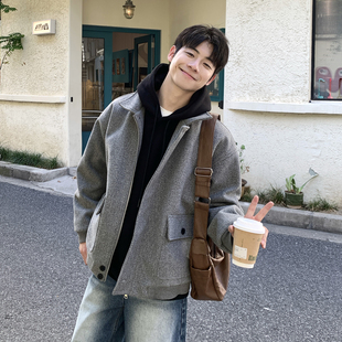 灰色翻领毛呢夹克棉服男生2026新款冬季宽松短款加厚保暖上衣外套