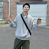 340g重磅花灰色字母刺绣套头半拉链卫衣男生2026新款 秋季 宽松外套