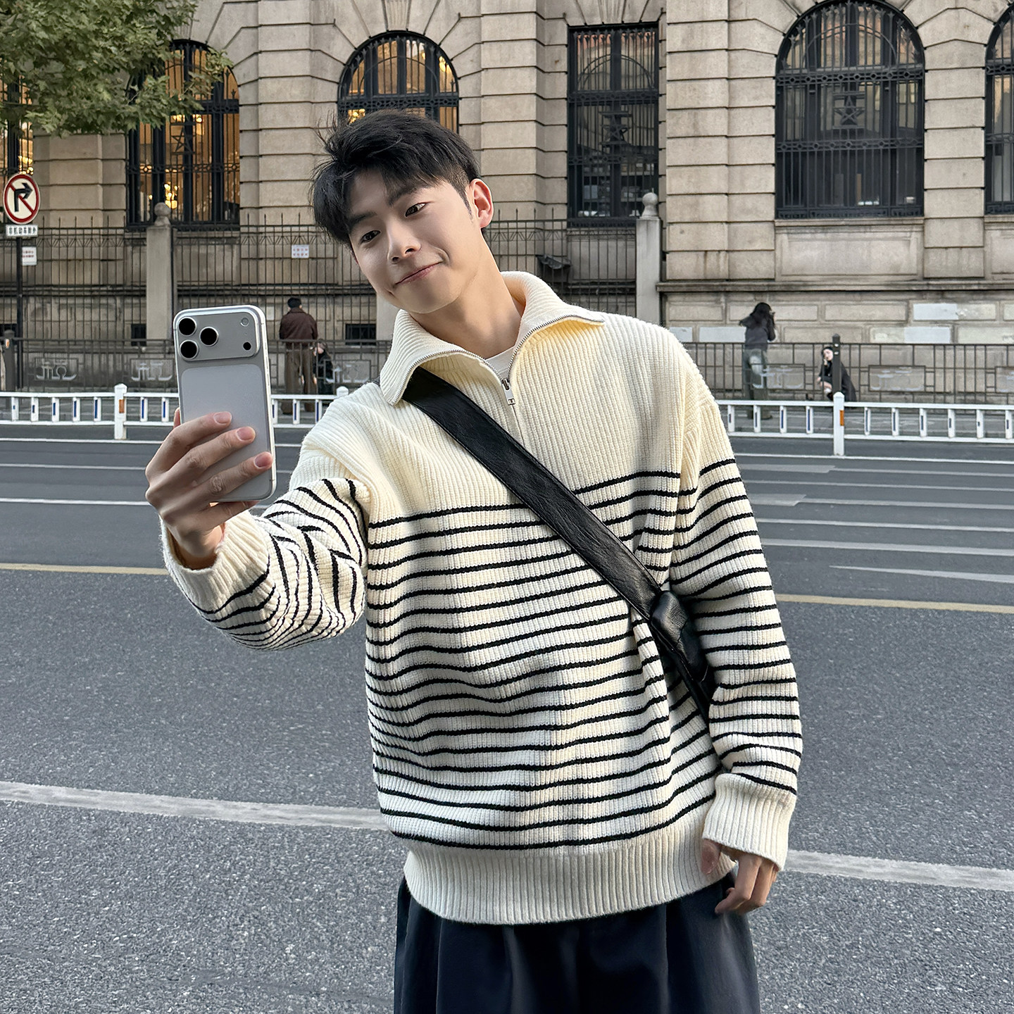 半拉链高领针织毛衣内搭男冬季加厚条纹针织衫上衣男款秋冬外套