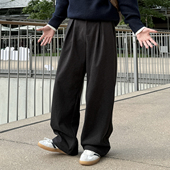 男款 2026新款 秋冬季 深灰色毛呢直筒西裤 宽松保暖加厚垂感休闲长裤