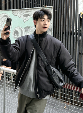 黑色短款立领棉服夹克轻薄男生2025新款冬季宽松加厚保暖棉衣外套