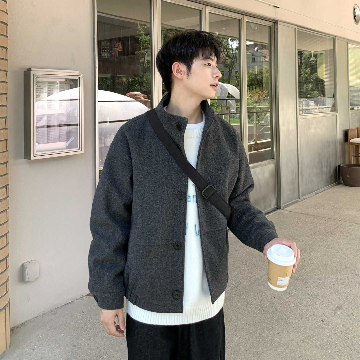 深灰色立领毛呢夹克棉服男生2025新款冬季宽松保暖加厚上衣外套