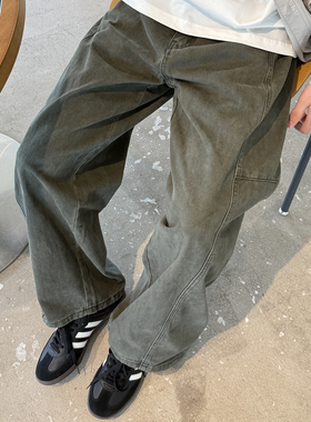 军绿色美式工装休闲裤弯刀裤男生2025新款秋季纯棉宽松阔腿长裤子