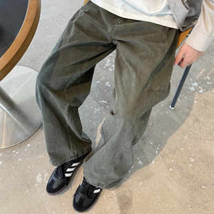 弯刀裤 休闲裤 男生2025新款 秋季 子 军绿色美式 纯棉宽松阔腿长裤 工装