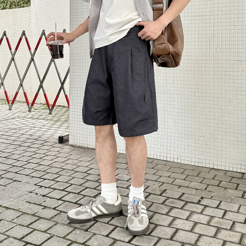 藏青色薄款打褶五分裤短裤男生2026夏季新款宽松复古直筒休闲中裤