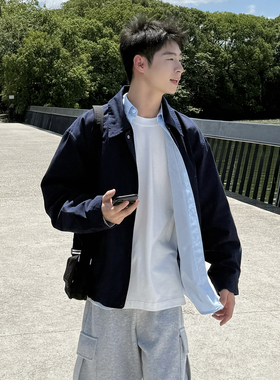 暗物质蓝色字母刺绣复古翻领夹克男生2025新款秋季宽松休闲外套