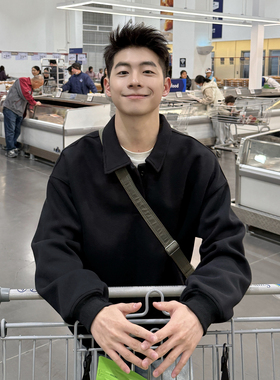 420g重磅黑色翻领长袖无帽卫衣男款春季宽松套头POLO衫上衣男新款