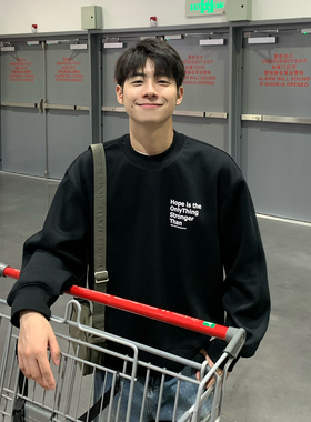 510g重磅黑色圆领字母加绒卫衣男秋冬季2025新款美式长袖保暖加厚